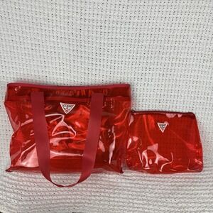 GUESS Red Clear Tote Bag Made of Plastic Or Vinyl Material Small Matching Pouch